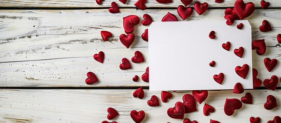 Wall Mural - Heartwarming white note surrounded by small red hearts for Valentine's or special occasions with room for text or image, creating an adorable backdrop for various messages. copy space available