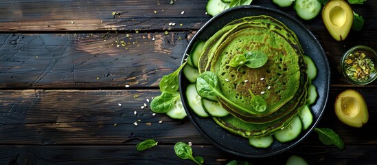 Wall Mural - Spinach pancakes with cucumber, avocado, and greens displayed on a dark wooden surface from a top view orientation, allowing for copy space image inclusion.