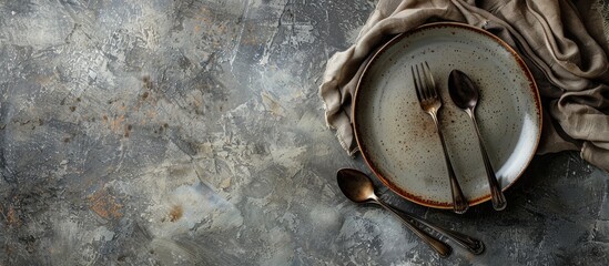 Poster - Stone gray background with vintage ceramic plate, cutlery, napkin in flatlay view offers ample copy space image.