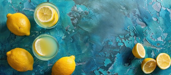 Poster - Freshly squeezed lemon juice in a glass on a turquoise stone or concrete table with copy space image.