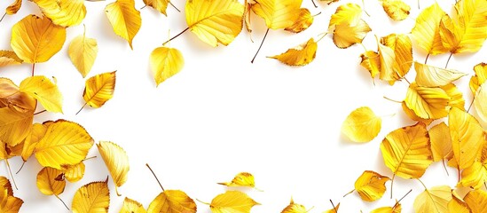 Poster - Yellow autumn leaves border on a white background, providing copy space image.