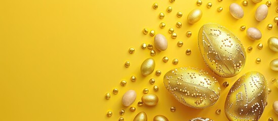Aufkleber - Golden eggs and candy on a yellow background for an Easter theme with a top view flat lay, offering copy space image.