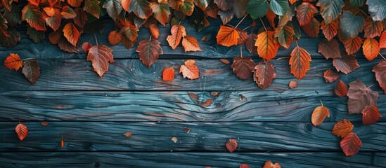 Poster - Autumn leaves showcased on a wooden backdrop with a flat view, perfect for a copy space image.