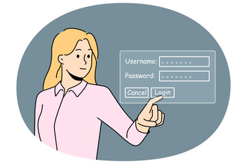 Businesswoman type username and password log in on personal account on computer. Female employee provide login data on digital security system. Vector illustration.