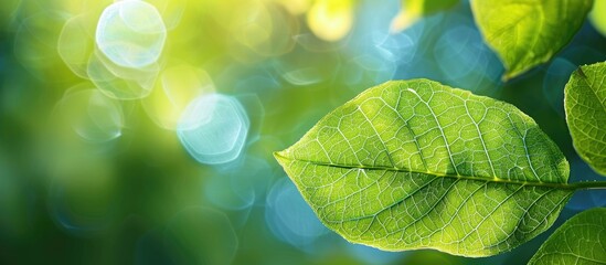 Leinwandbilder - A lovely close-up of a vibrant green leaf against a blurred green backdrop with sunlight, ideal as a natural ecology summer background and fresh wallpaper, featuring copy space image.