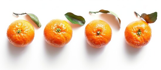 Poster - Top view image of four ripe mandarins isolated on white background with space for text, perfect for fruit and agriculture concepts. copy space available