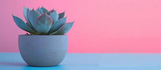 Poster - Succulent plant in gray pot on blue and pink backdrop with copy space image.