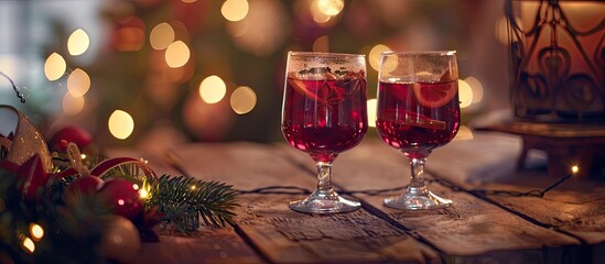 Poster - Festive ambiance with two glasses of mulled wine in a Christmas setting. Room for text in the image. copy space available