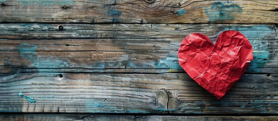 Poster - Valentine's Day theme with a red heart paper on a wooden backdrop, perfect as a copy space image.
