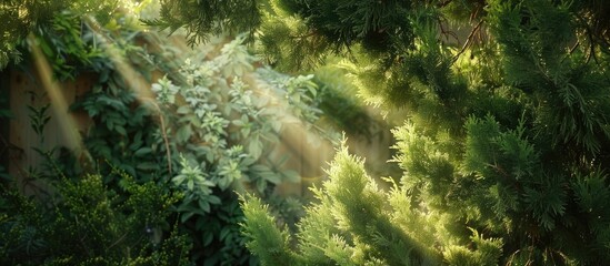 Aufkleber - Sunlight filtering through a cypress branch creates a beautiful frame for a copy space image, surrounded by arborvitae and thuja evergreen trees, perfect for a natural theme.
