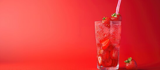 Poster - A refreshing strawberry beverage in a glass with a straw, perfect for a cool summer treat and featuring a copy space image.