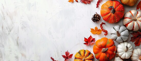 Poster - Top view of autumn-themed decorative pumpkins and fall leaves on a white table, creating a festive backdrop for a Fall Thanksgiving or Halloween greeting card with copy space image.