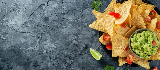 Poster - Top-down view of Mexican nachos served with guacamole on a textured gray surface, suitable for adding text or images within the frame. copy space available