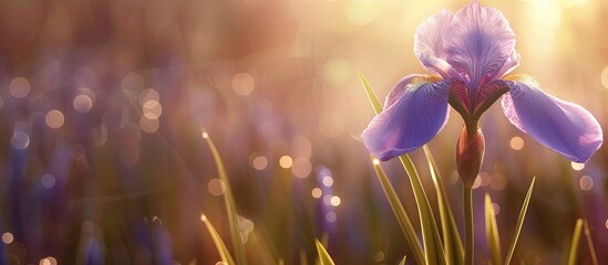 Aufkleber - Close-up image featuring a blooming Fleur-de-lis iris with purple petals in a spring meadow, providing a blurred background with copy space.
