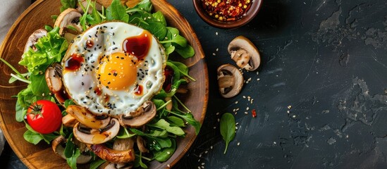 Wall Mural - Wooden plate with mushroom salad, onsen egg, and sauce, creating an appealing   copy space image.