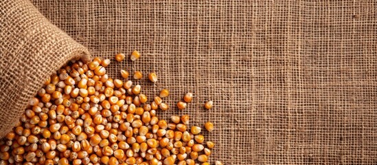 Poster - Top view of corn grains on a burlap background with copy space image available for text.