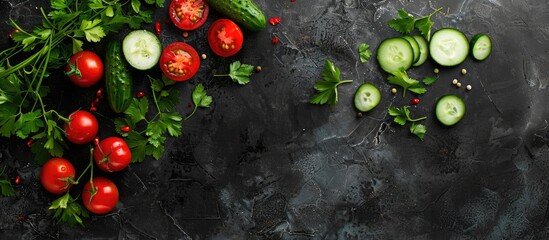 Poster - Top view of summer green salad ingredients like red tomatoes, cucumbers, and parsley on a black background with copy space image.