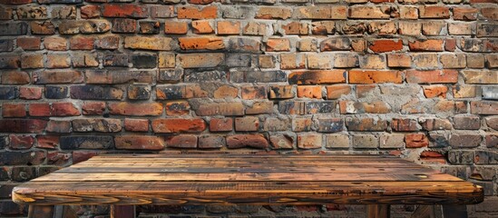 Aufkleber - Rustic brick wall serves as backdrop for wooden table with clear space for product display mockup. Retro design creates a vintage presentation. copy space available