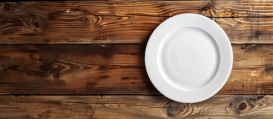 Poster - Wooden kitchen table displaying an empty white plate with copy space image.