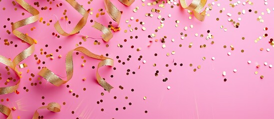 Poster - Festive gold ribbons and confetti on a pink backdrop create a holiday-themed copy space image.