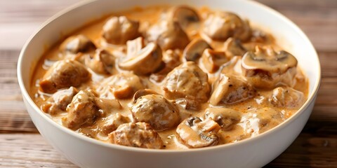 Wall Mural - Creamy keto beef stroganoff with mushrooms in white bowl on wooden table. Concept Keto Recipe, Beef Stroganoff, Creamy Mushroom Sauce, Low-Carb Cooking, Food Photography