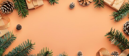 Aufkleber - Festive holiday arrangement with fir tree branches, pine, and gift boxes on a pastel orange backdrop