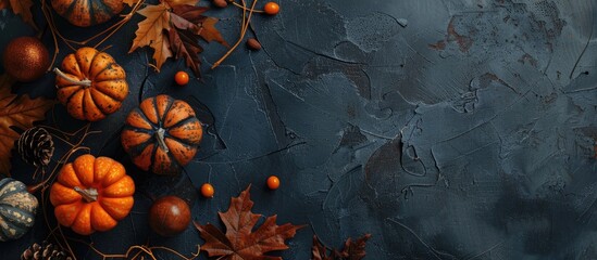 Poster - Thanksgiving-themed setup with pumpkins, leaves, and decor on a textured table in a top-down view, offering ample space for text in the image.