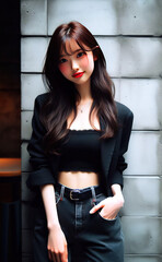 Wall Mural - beautiful Japanese girl, beautiful smile, white clothes, black jacket and pants light jeans. 30