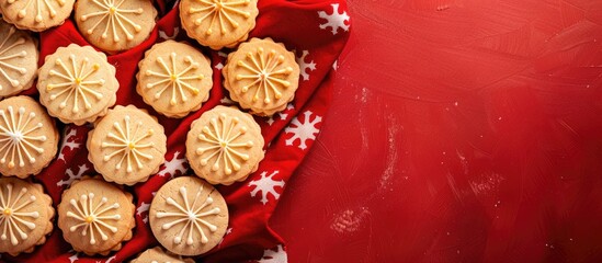 Poster - Top view closeup of patterned cookies on a red tablecloth with copy space image for background or seamless template.