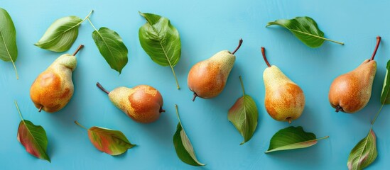 Poster - Fresh pears and green leaves arranged on a blue backdrop, perfect for a copy space image.