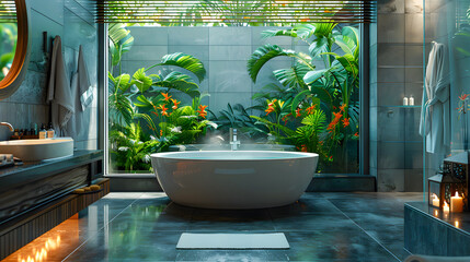 Sticker - Bathroom interior decorated with green plants. Modern comfortable bathroom