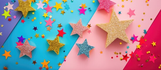 Aufkleber - Colorful stars made of glitter and golden sequins arranged on various colored paper backgrounds, creating a vibrant flat lay image with copy space.