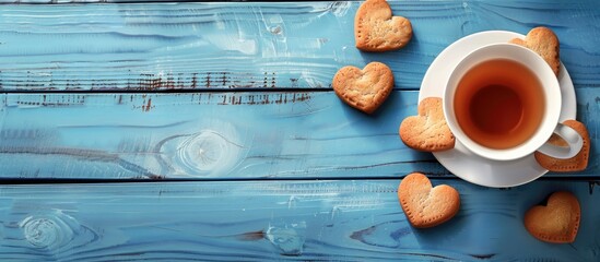 Aufkleber - Top view of heart-shaped cookies with a white cup of tea on a blue wooden surface in a copy space image.