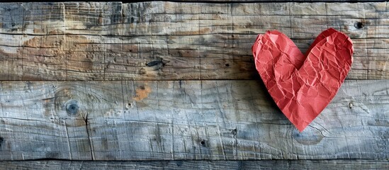 Poster - Valentine's Day theme with a red heart paper on a wooden backdrop, perfect as a copy space image.