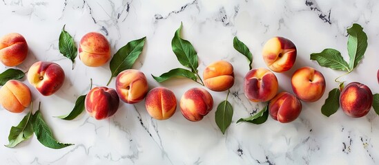 Poster - Sweet peaches arranged on a white marble surface, providing ample copy space image.