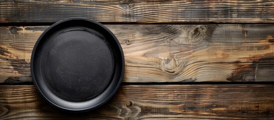 Poster - Black plate on wooden table with copy space image.
