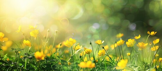 Fototapete - Lush meadow with vibrant yellow flowers as a serene copy space image.