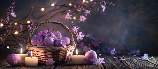 Poster - A basket filled with Easter eggs painted in lilac hues, adorned with flowers, and surrounded by candles on a wooden background, perfect for a copy space image.