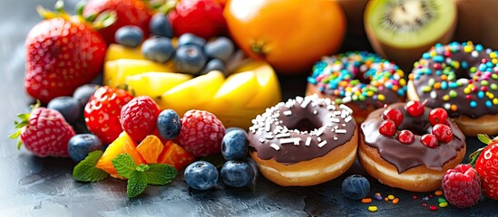 Poster - Display of colorful fruit and decadent chocolate donuts with copy space image.