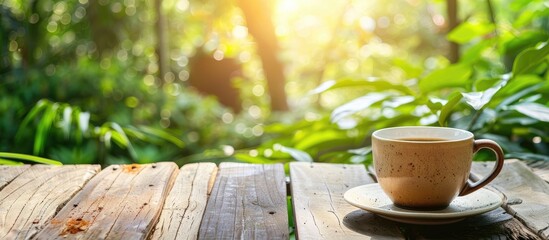 Aufkleber - Coffee cup on wooden table outdoors with natural background in garden, offering room for text. Copy space image.