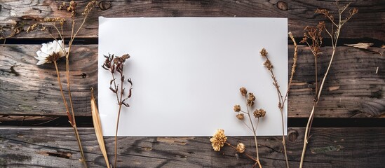 Poster - A white sheet of paper on a rustic wooden backdrop adorned with three dried flowers, suitable for a postcard with a loft vibe, featuring copy space image.
