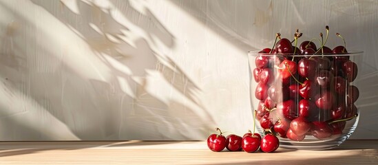 Poster - On a sunny day, glass containers display fresh cherries with copy space image.