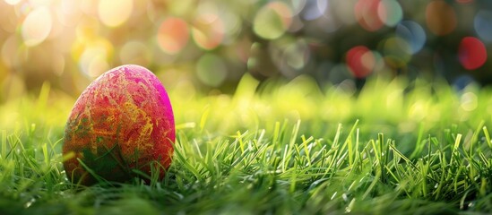 Sticker - Colorful Easter egg displayed on fresh green grass with copy space image.