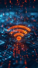 Poster - Cascading Digital Code Forming WiFi Icon in Futuristic Tech Environment