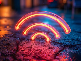 Poster - Glowing Neon WiFi Icon Concept Against Dark Urban Backdrop