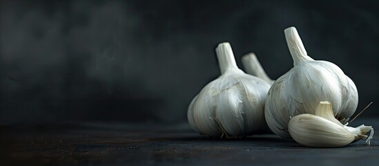Aufkleber - Garlic bulbs are displayed on a dark background with room for text on the right side in the copy space image.