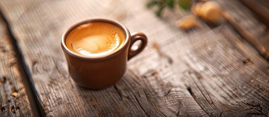 Aufkleber - Begin the day with a steaming espresso in a small ceramic cup atop a wooden table with room for text or images in the background, ideal for showcasing products. copy space available