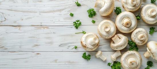 Poster - Flat lay composition with a variety of mushrooms, parsley, on a white wooden surface. The setup provides room for text in the copy space image.
