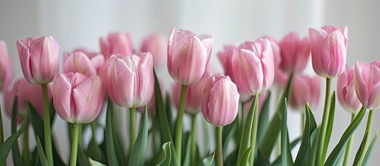 Wall Mural - Macro shot of numerous pink tulips in a bright room with copy space image.