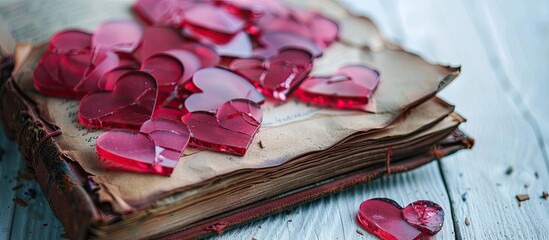 Poster - Red and pink heart-shaped shards placed on a vintage notebook against a white background with a copy space image.